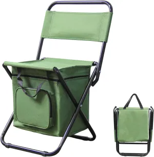 Portable Foldable Fishing Chair with Cooler Bag, Lightweight Backrest Stool Compact Folding Chair Seat, Outdoor Backrest Stool with Folding Backpack for Camping Hunting (Green)