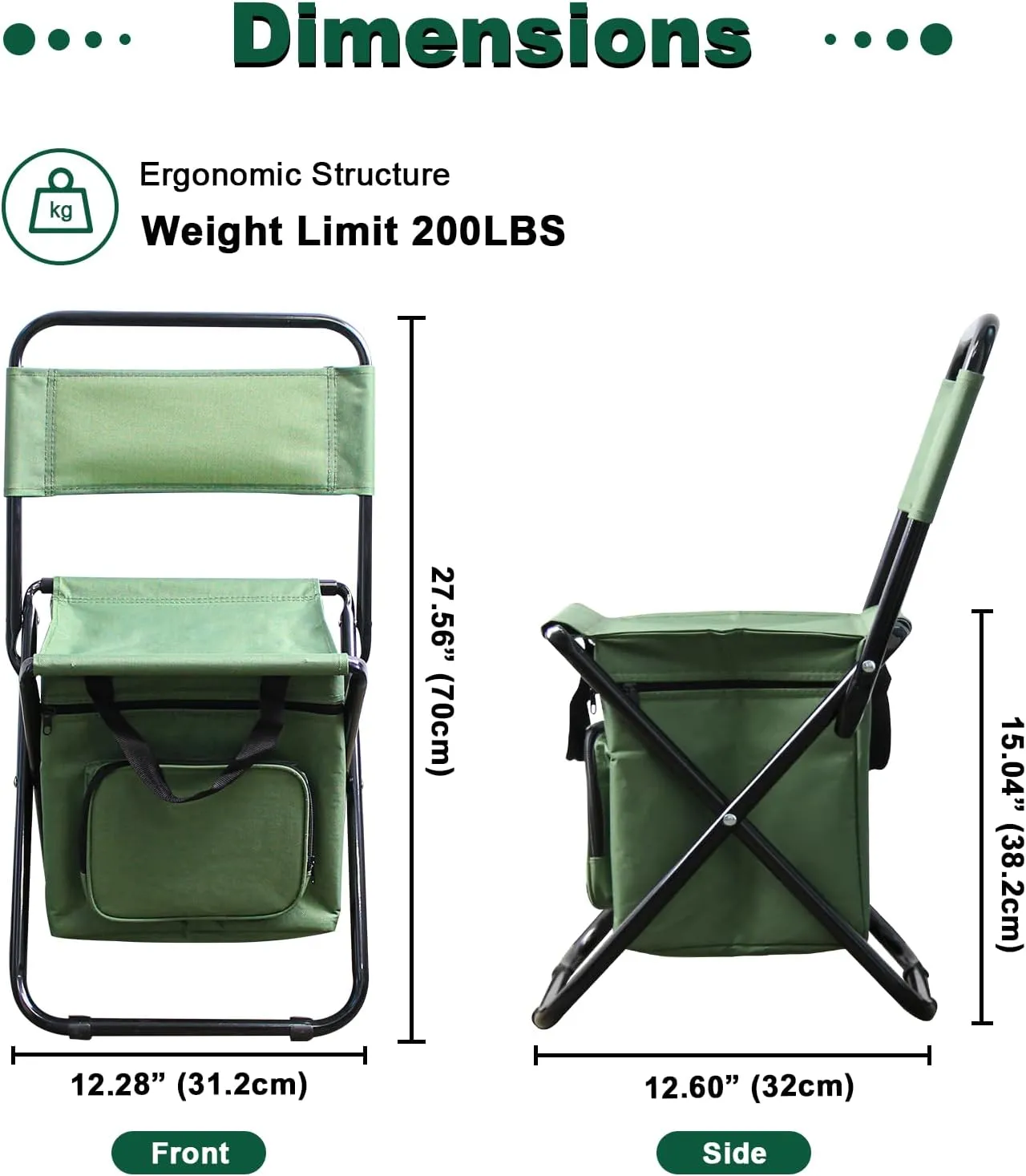 Portable Foldable Fishing Chair with Cooler Bag, Lightweight Backrest Stool Compact Folding Chair Seat, Outdoor Backrest Stool with Folding Backpack for Camping Hunting (Green)