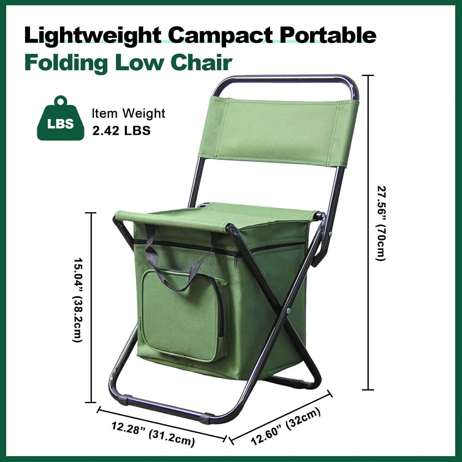 Portable Foldable Fishing Chair with Cooler Bag, Lightweight Backrest Stool Compact Folding Chair Seat, Outdoor Backrest Stool with Folding Backpack for Camping Hunting (Green)