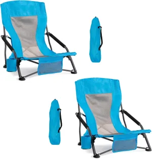 Portable Folding Beach Chair for Adults Set of 2- Lightweight Low Back Sling Chair with Cup Holder & Storage Pocket, 300lbs Capacity Camping Chair for Outdoor, Lawn, Concert, Travel (Blue)