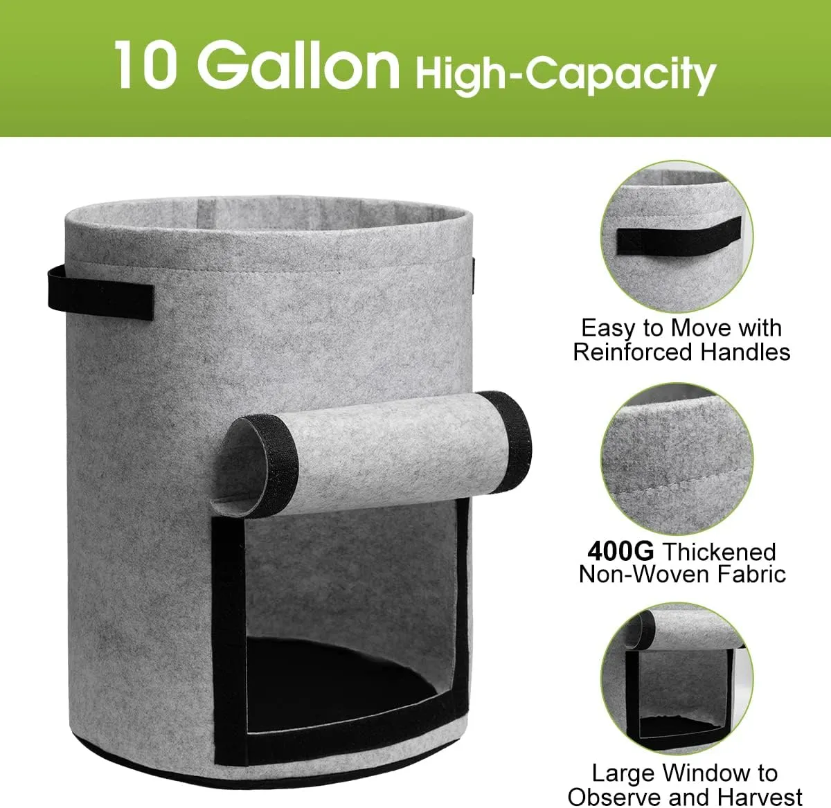 Potato Grow Bags with Flap 10 Gallon, 4 Pack Planter Pot with Handles and Harvest Window for Potato Tomato and Vegetables, Black and Gray