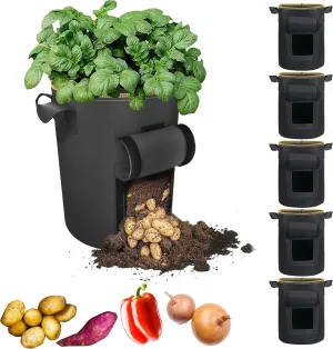 Potato Grow Bags with Flap, Premium Double Layer Breathable Nonwoven Cloth Planter Pot with Handles and Harvest Window for Potato Tomato and Vegetables (5Gallon, 5Packs)