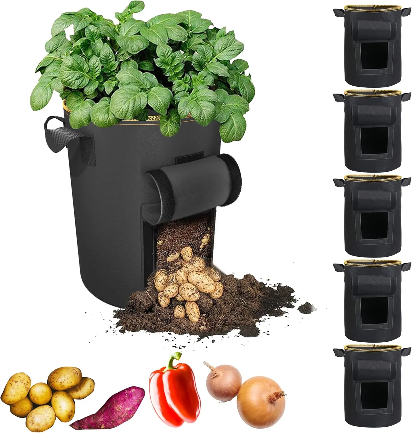 Potato Grow Bags with Flap, Premium Double Layer Breathable Nonwoven Cloth Planter Pot with Handles and Harvest Window for Potato Tomato and Vegetables (7Gallon, 5Packs)
