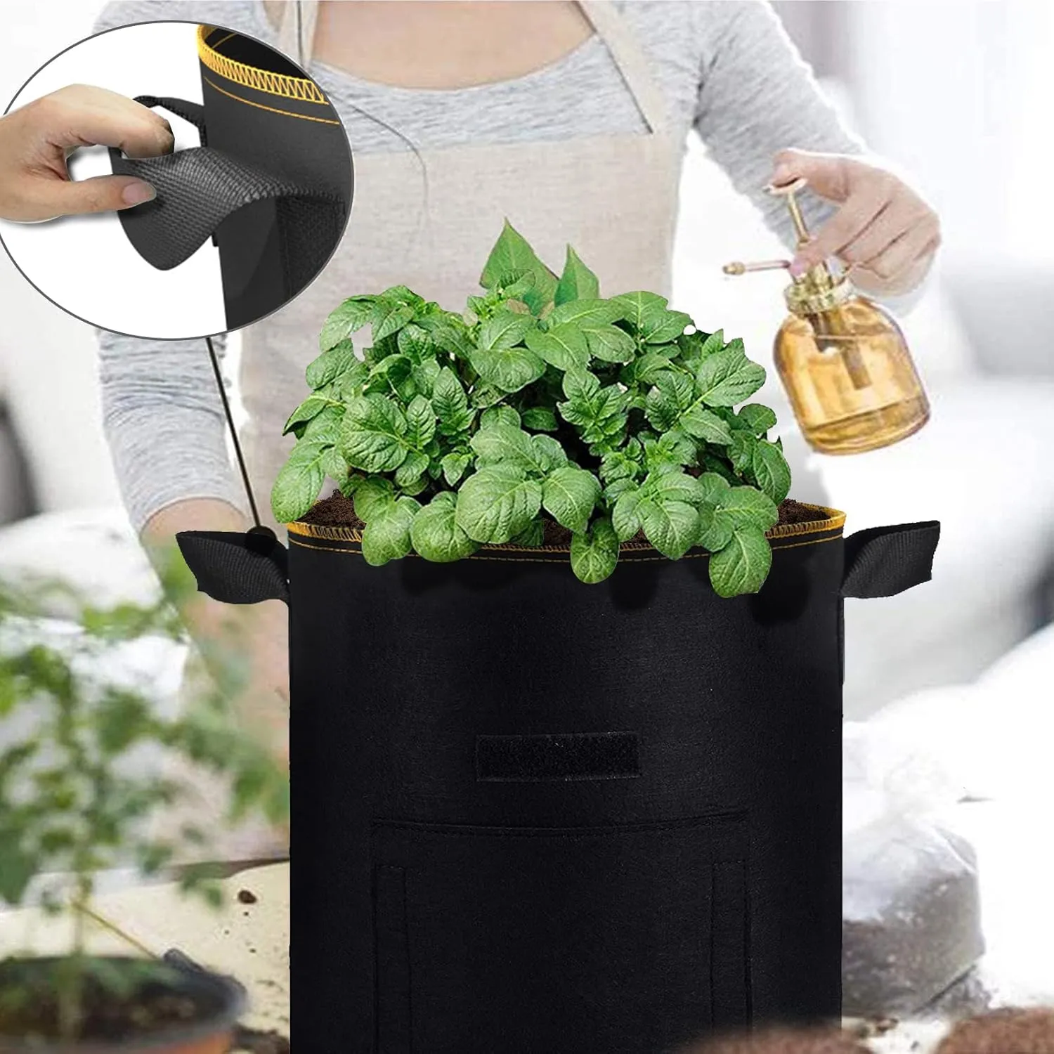 Potato Grow Bags with Flap, Premium Double Layer Breathable Nonwoven Cloth Planter Pot with Handles and Harvest Window for Potato Tomato and Vegetables (7Gallon, 5Packs)