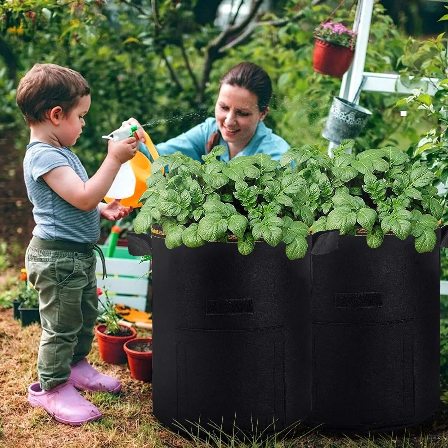 Potato Grow Bags with Flap, Premium Double Layer Breathable Nonwoven Cloth Planter Pot with Handles and Harvest Window for Potato Tomato and Vegetables (7Gallon, 5Packs)