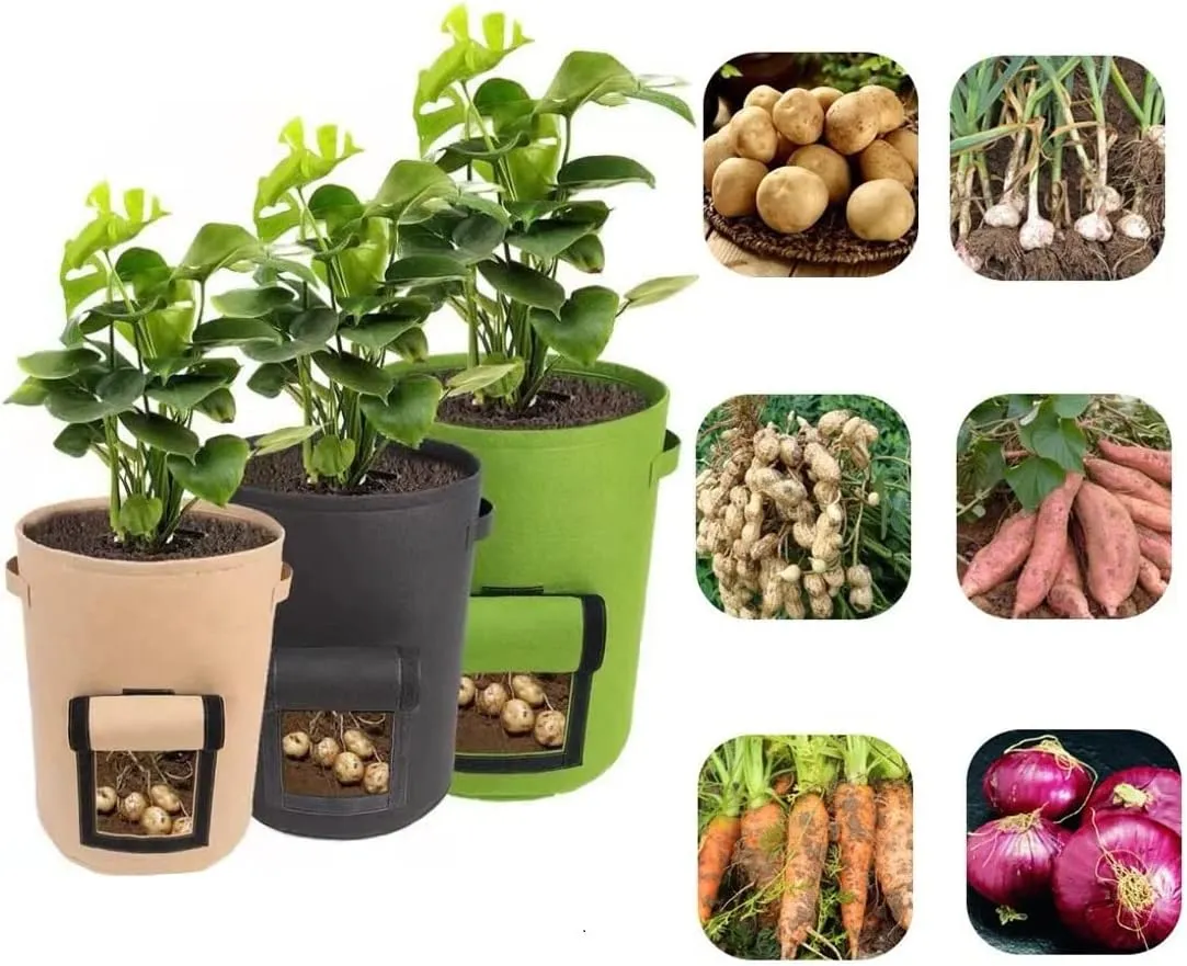 Potato Grow Bags with Flap Window, Planter Pot with Handles for Tomato and Vegetables Plant Grow Bags, 3 Pcs 7 Gallon Grow Bags 3 Colors