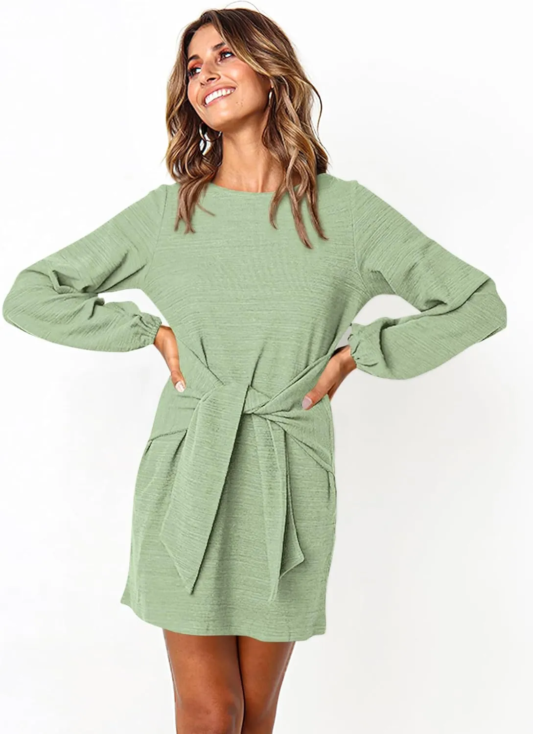 PRETTYGARDEN Women's Elegant Long Lantern Sleeve Short Dress Crewneck Tie Waist Knit Cocktail Dress