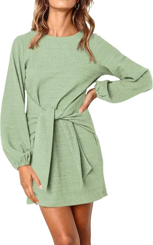 PRETTYGARDEN Women's Elegant Long Lantern Sleeve Short Dress Crewneck Tie Waist Knit Cocktail Dress