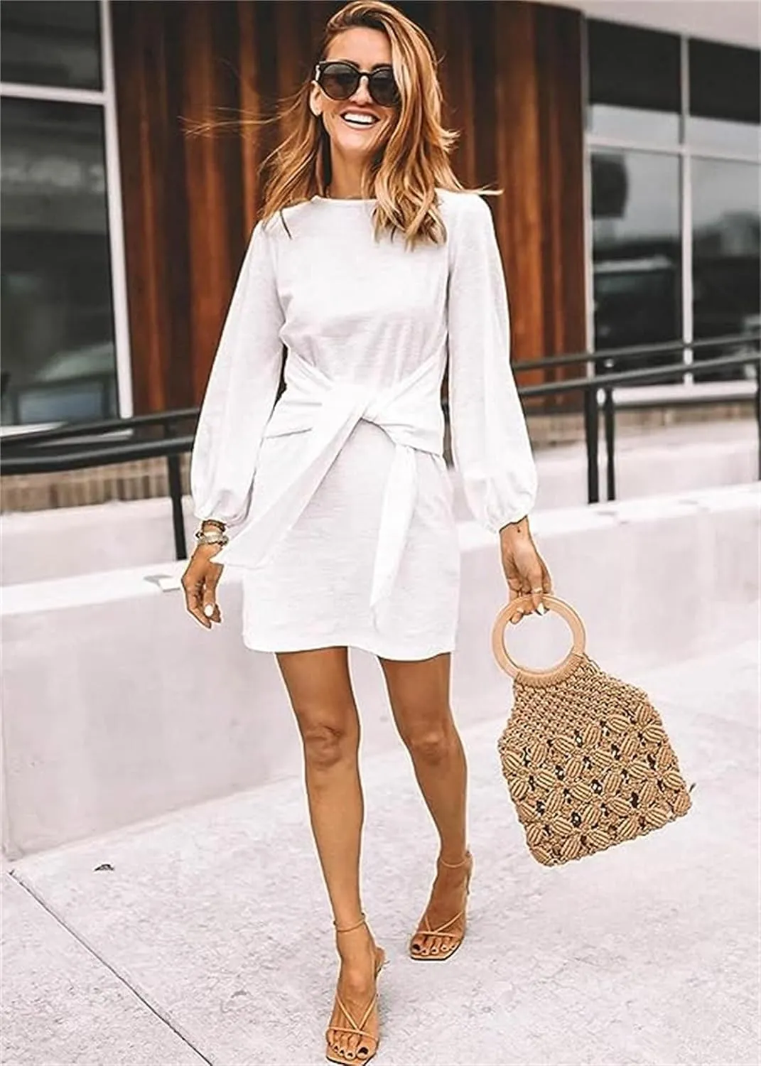 PRETTYGARDEN Women's Elegant Long Lantern Sleeve Short Dress Crewneck Tie Waist Knit Cocktail Dress