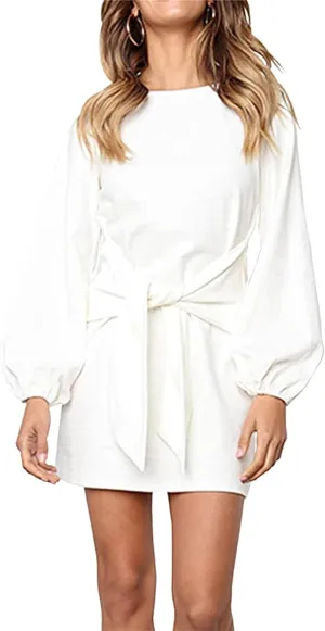 PRETTYGARDEN Women's Elegant Long Lantern Sleeve Short Dress Crewneck Tie Waist Knit Cocktail Dress