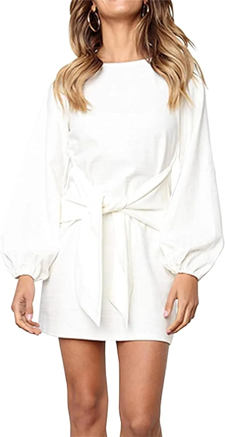 PRETTYGARDEN Women's Elegant Long Lantern Sleeve Short Dress Crewneck Tie Waist Knit Cocktail Dress