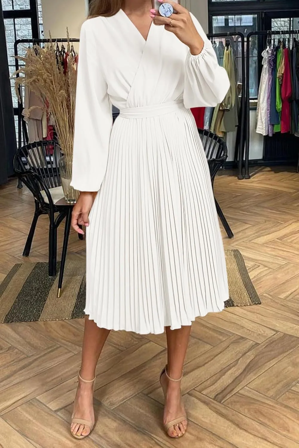 PRETTYGARDEN Women's Spring Midi Dress Long Puff Sleeve Wrap V Neck Flowy Ruffle Pleated Casual Fall Dresses