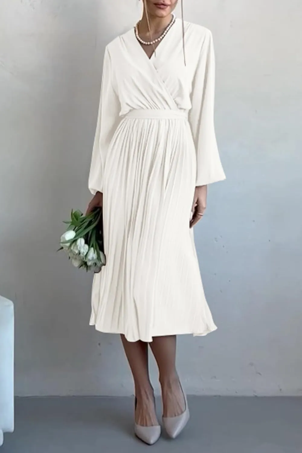 PRETTYGARDEN Women's Spring Midi Dress Long Puff Sleeve Wrap V Neck Flowy Ruffle Pleated Casual Fall Dresses