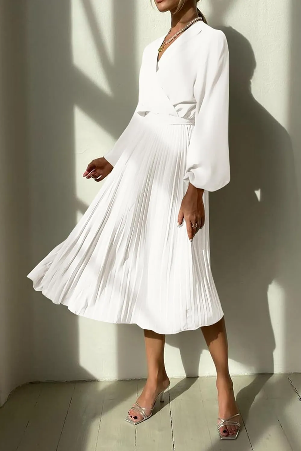 PRETTYGARDEN Women's Spring Midi Dress Long Puff Sleeve Wrap V Neck Flowy Ruffle Pleated Casual Fall Dresses