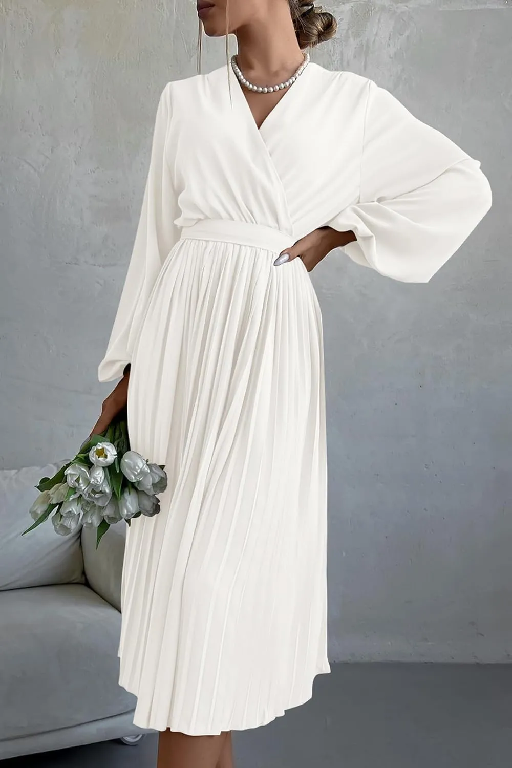 PRETTYGARDEN Women's Spring Midi Dress Long Puff Sleeve Wrap V Neck Flowy Ruffle Pleated Casual Fall Dresses