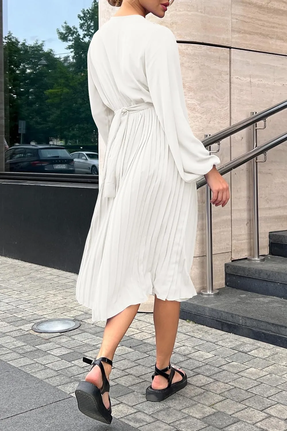 PRETTYGARDEN Women's Spring Midi Dress Long Puff Sleeve Wrap V Neck Flowy Ruffle Pleated Casual Fall Dresses