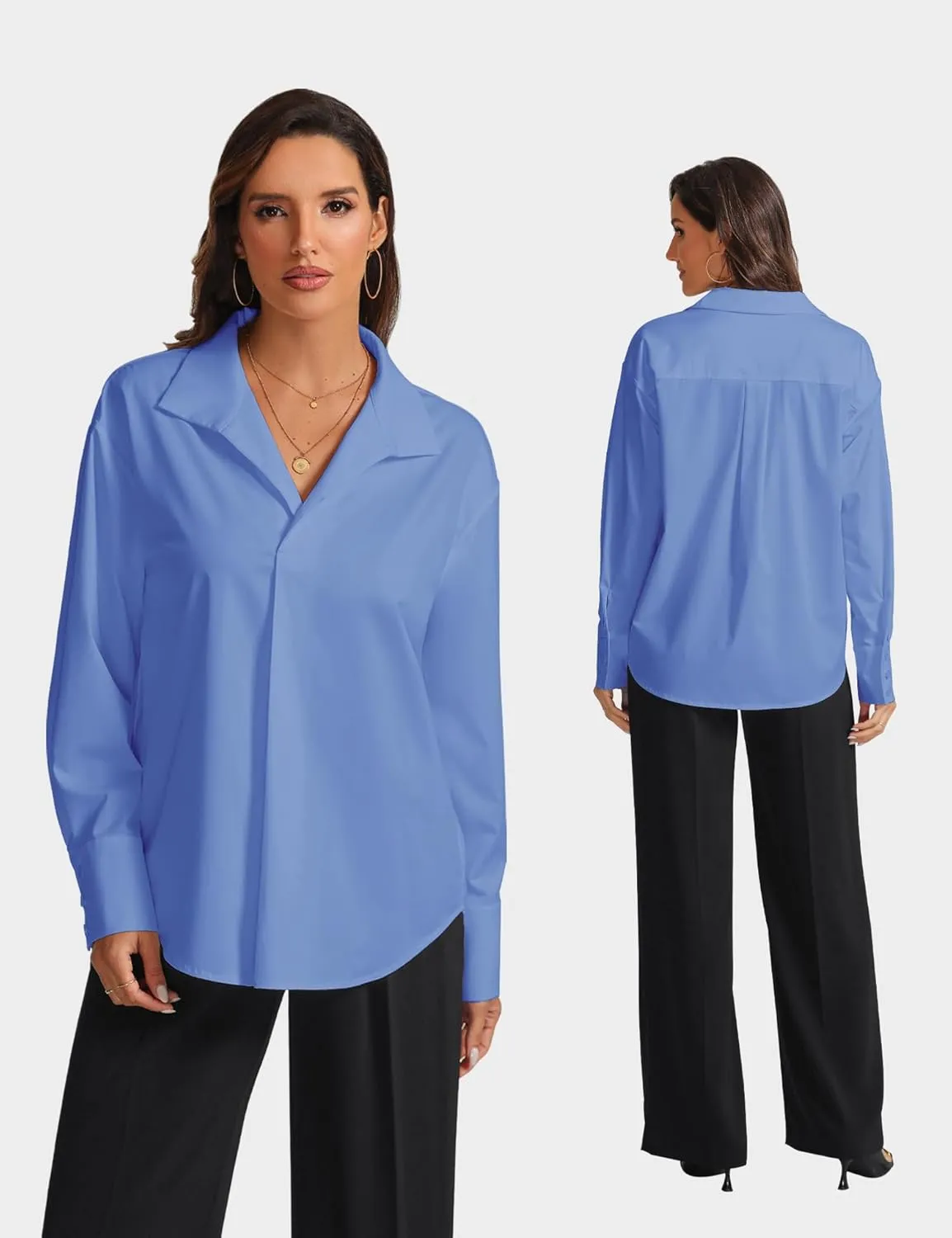 Prettywear Womens Long Sleeve Work Shirts Lapel V Neck Business Casual Blouse Solid Loose Office 2025 Spring Dressy Top