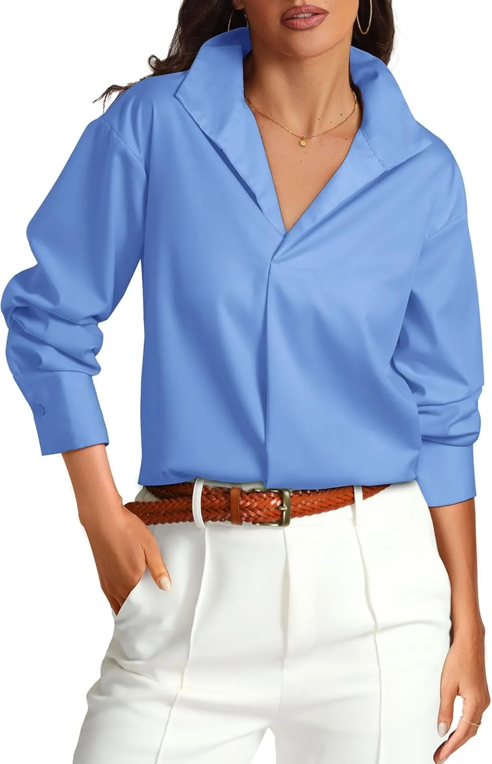 Prettywear Womens Long Sleeve Work Shirts Lapel V Neck Business Casual Blouse Solid Loose Office 2025 Spring Dressy Top