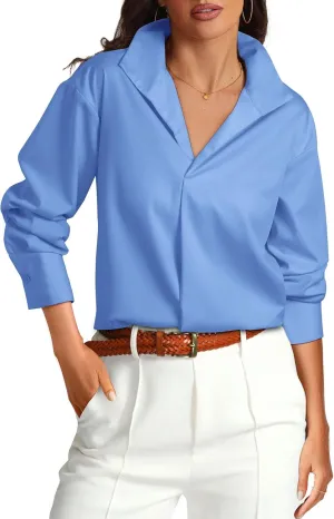 Prettywear Womens Long Sleeve Work Shirts Lapel V Neck Business Casual Blouse Solid Loose Office 2025 Spring Dressy Top