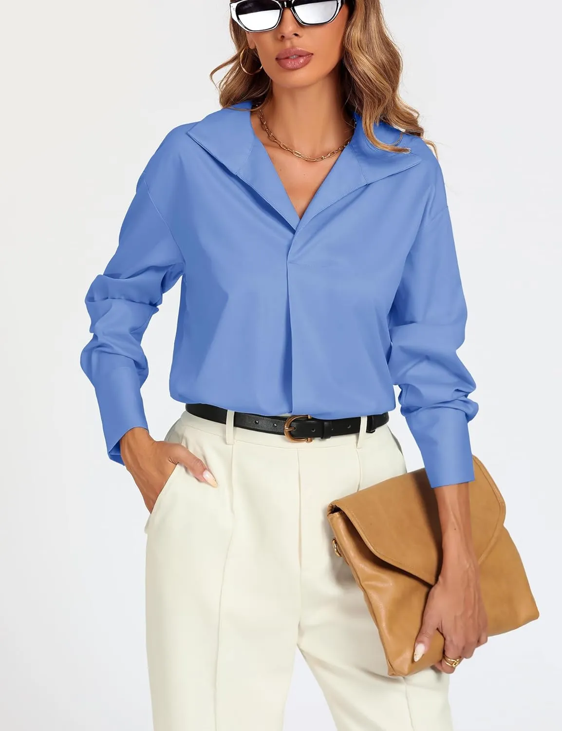 Prettywear Womens Long Sleeve Work Shirts Lapel V Neck Business Casual Blouse Solid Loose Office 2025 Spring Dressy Top