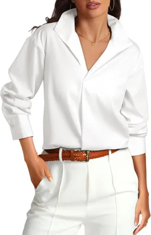 Prettywear Womens Long Sleeve Work Shirts Lapel V Neck Business Casual Blouse Solid Loose Office 2025 Spring Dressy Top