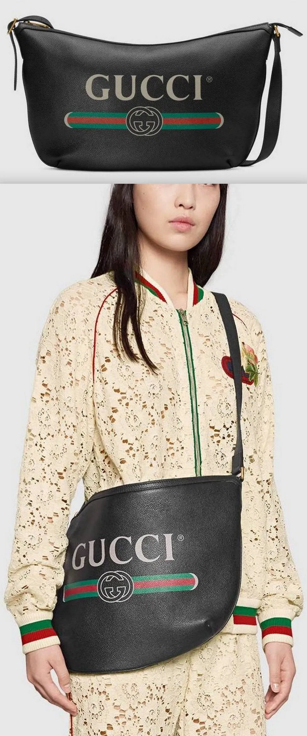 Print Half-Moon Hobo Bag, Black