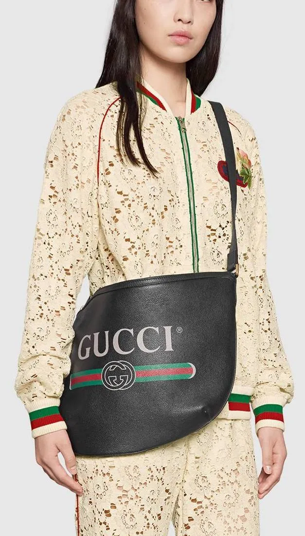 Print Half-Moon Hobo Bag, Black