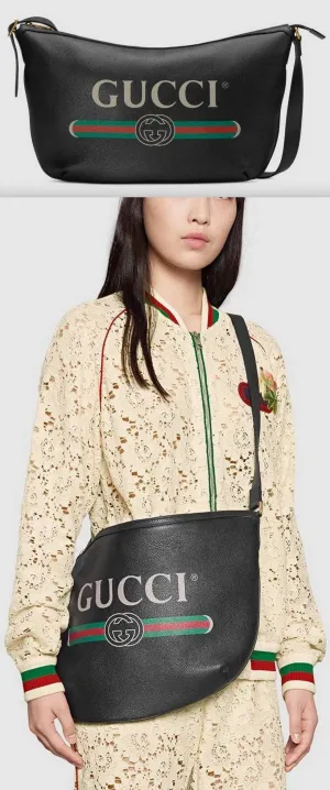 Print Half-Moon Hobo Bag, Black