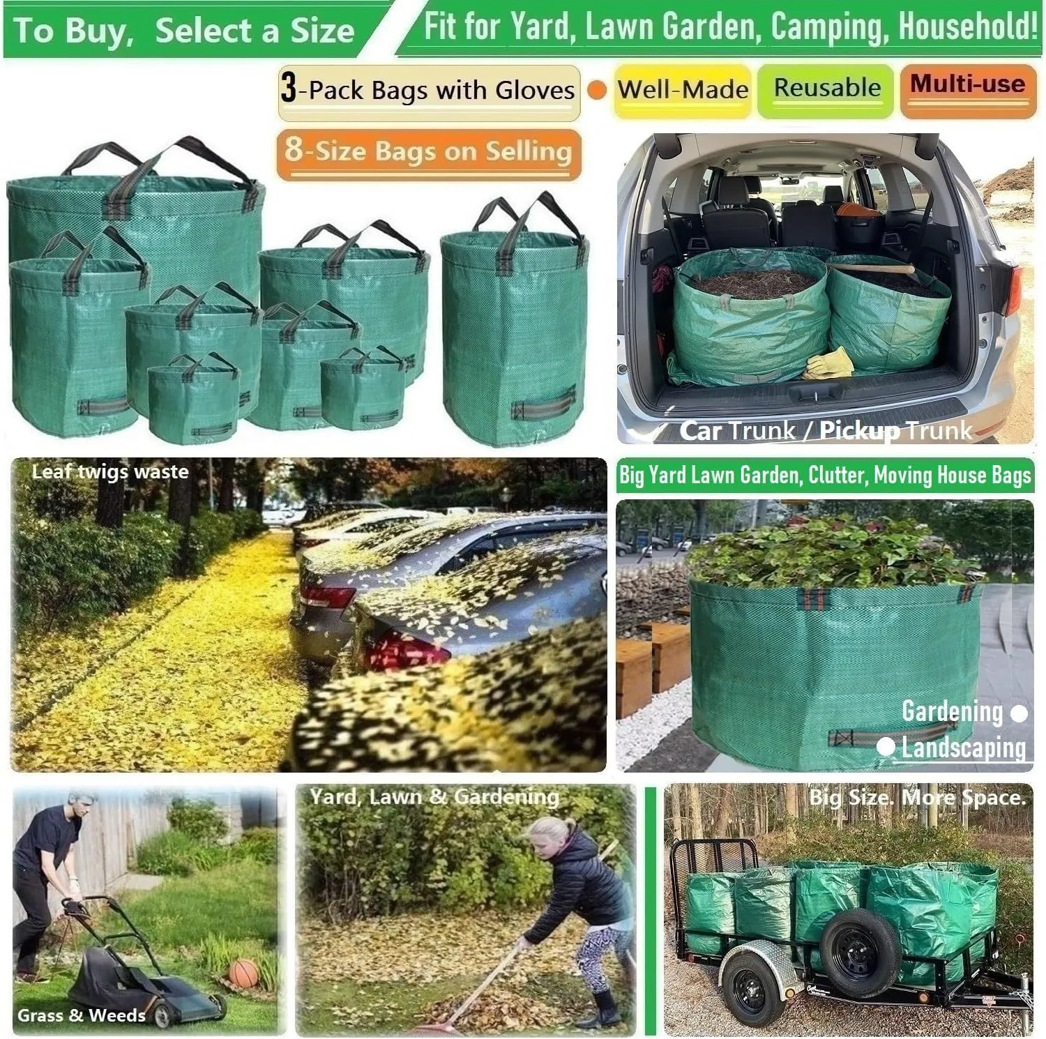 Professional 3-Pack 63 Gallons Lawn Garden Bags (D31, H19 inches) Reusable Yard Waste Bag with Gardening Gloves - Patio Standable Leaf Bag,Trash Containers,Plant Clippings Bag with 4 Handles