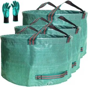 Professional 3-Pack 63 Gallons Lawn Garden Bags (D31, H19 inches) Reusable Yard Waste Bag with Gardening Gloves - Patio Standable Leaf Bag,Trash Containers,Plant Clippings Bag with 4 Handles