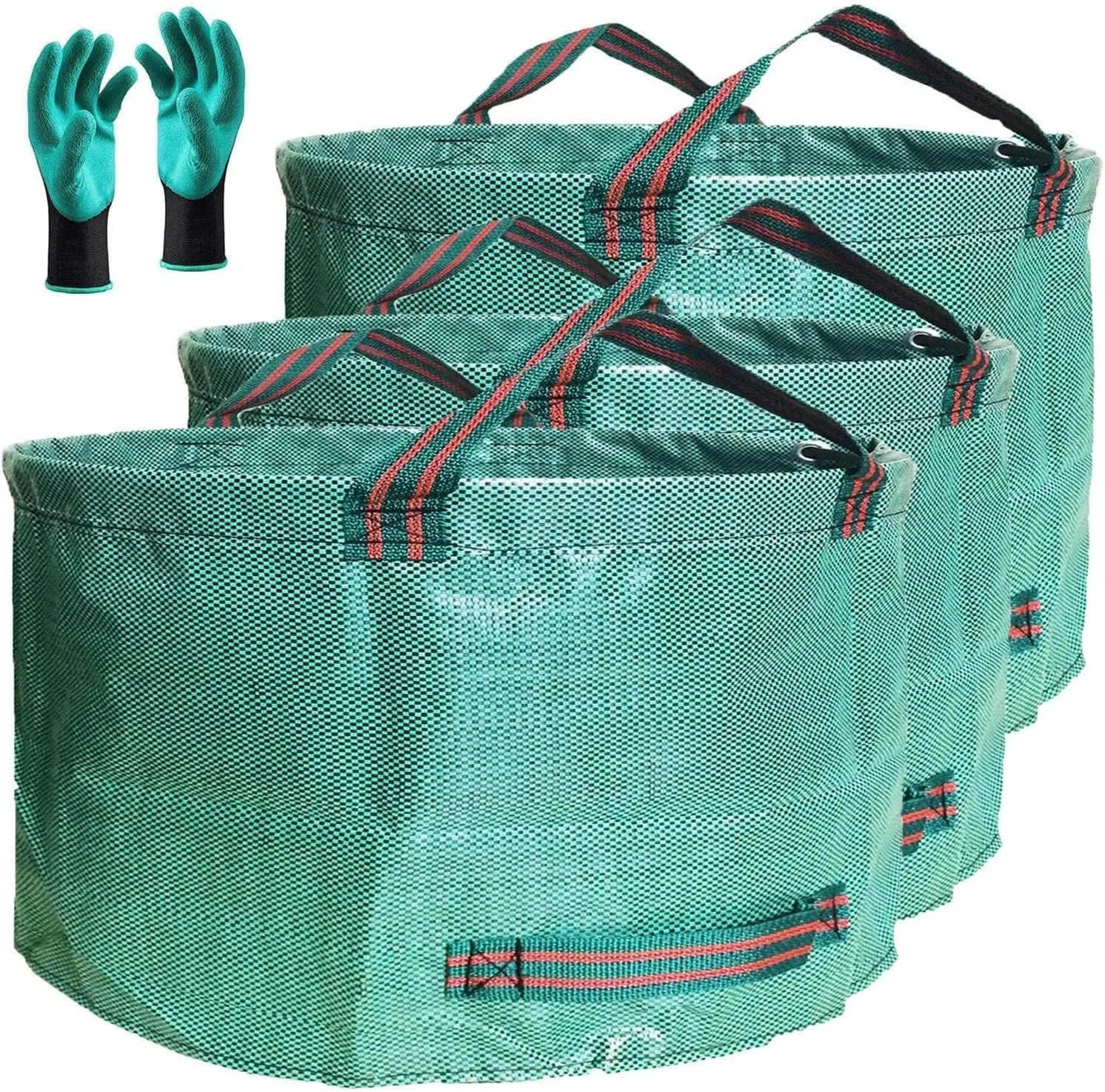 Professional 3-Pack 63 Gallons Lawn Garden Bags (D31, H19 inches) Reusable Yard Waste Bag with Gardening Gloves - Patio Standable Leaf Bag,Trash Containers,Plant Clippings Bag with 4 Handles
