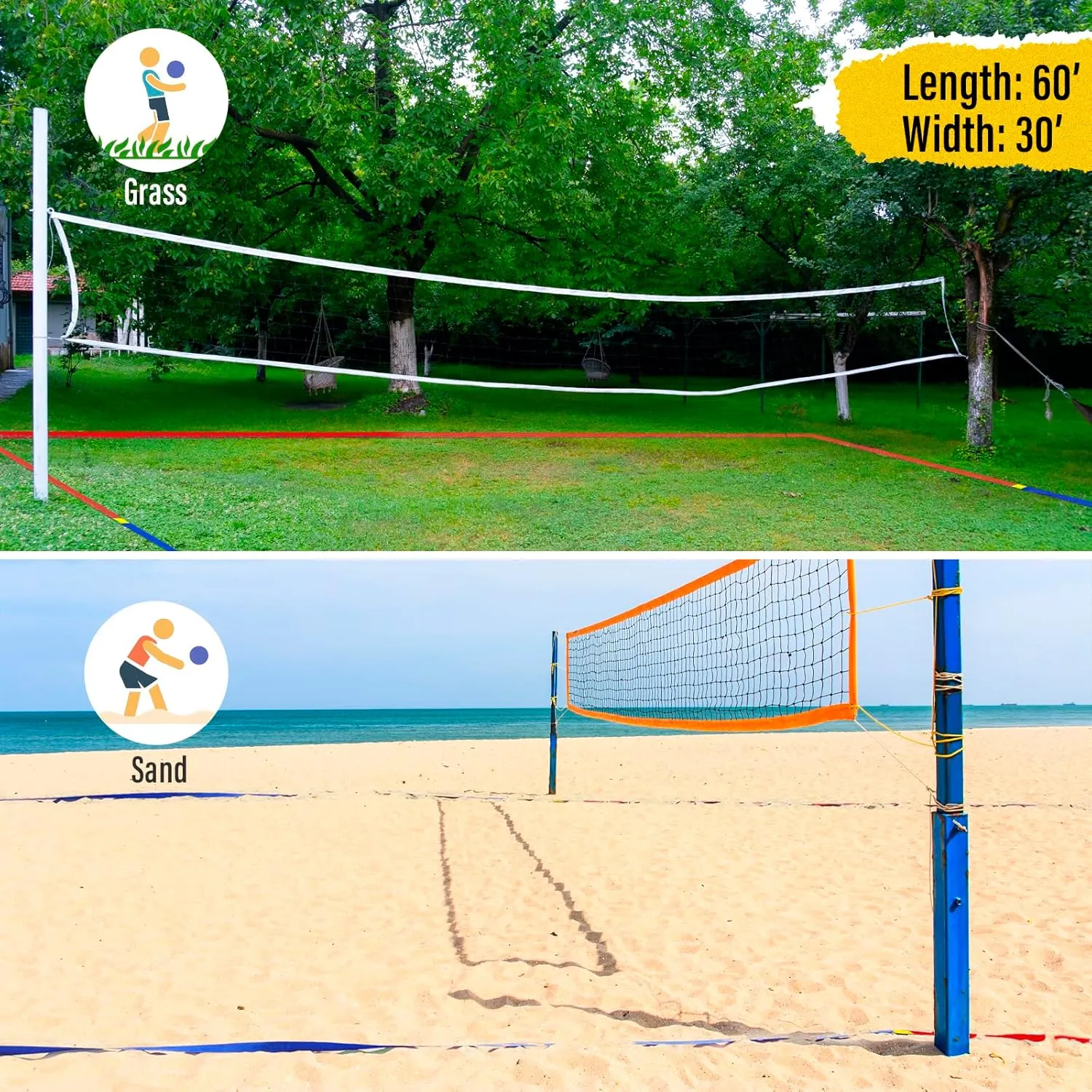 Professional Beach Volleyball Lines for Sand, 2" Nylon | Ultra-Visible Marking | Weather-Enduring, with Metal Anchors & Sandbags, Standard Sizes - 26.3' x 52.6' or 30' x 60'
