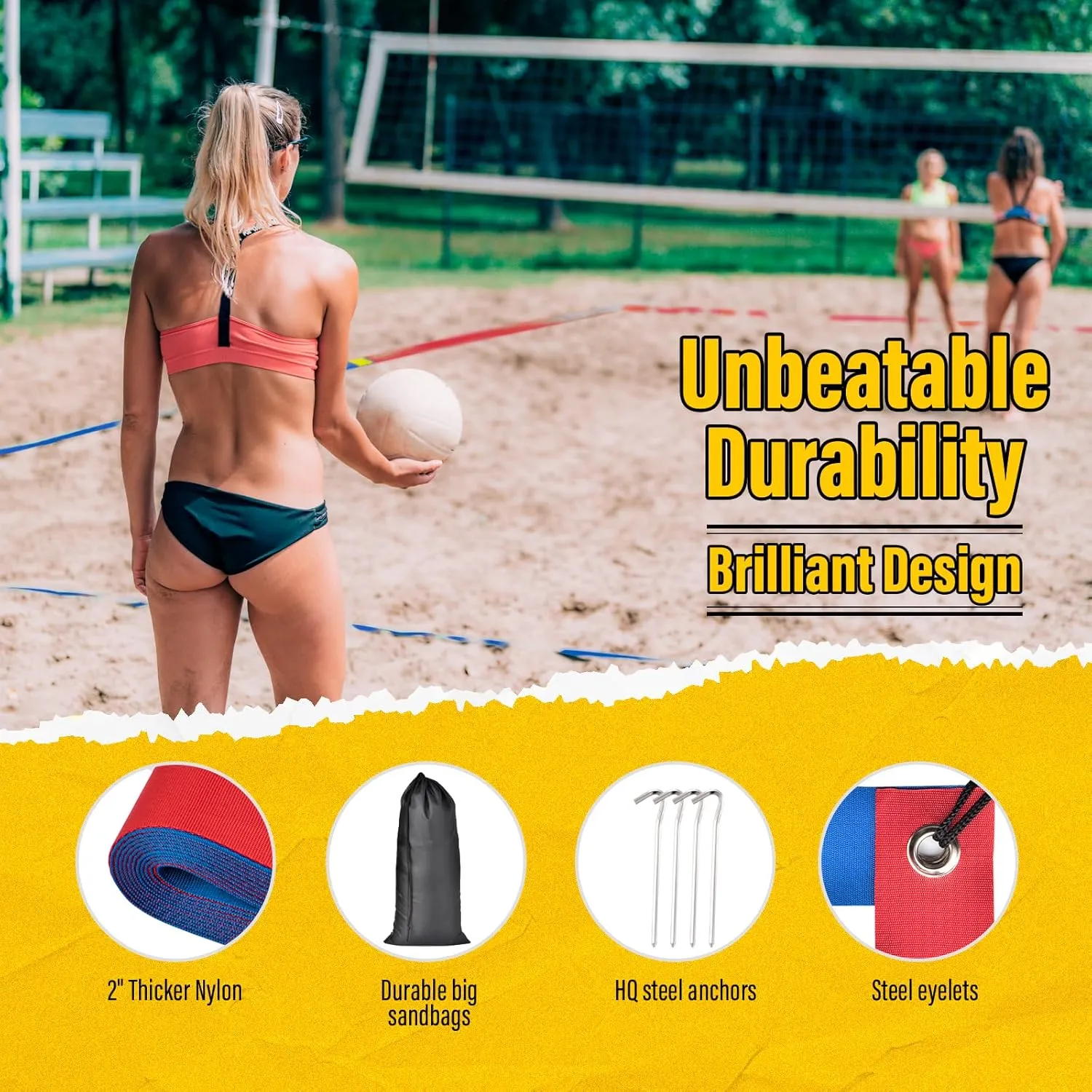 Professional Beach Volleyball Lines for Sand, 2" Nylon | Ultra-Visible Marking | Weather-Enduring, with Metal Anchors & Sandbags, Standard Sizes - 26.3' x 52.6' or 30' x 60'
