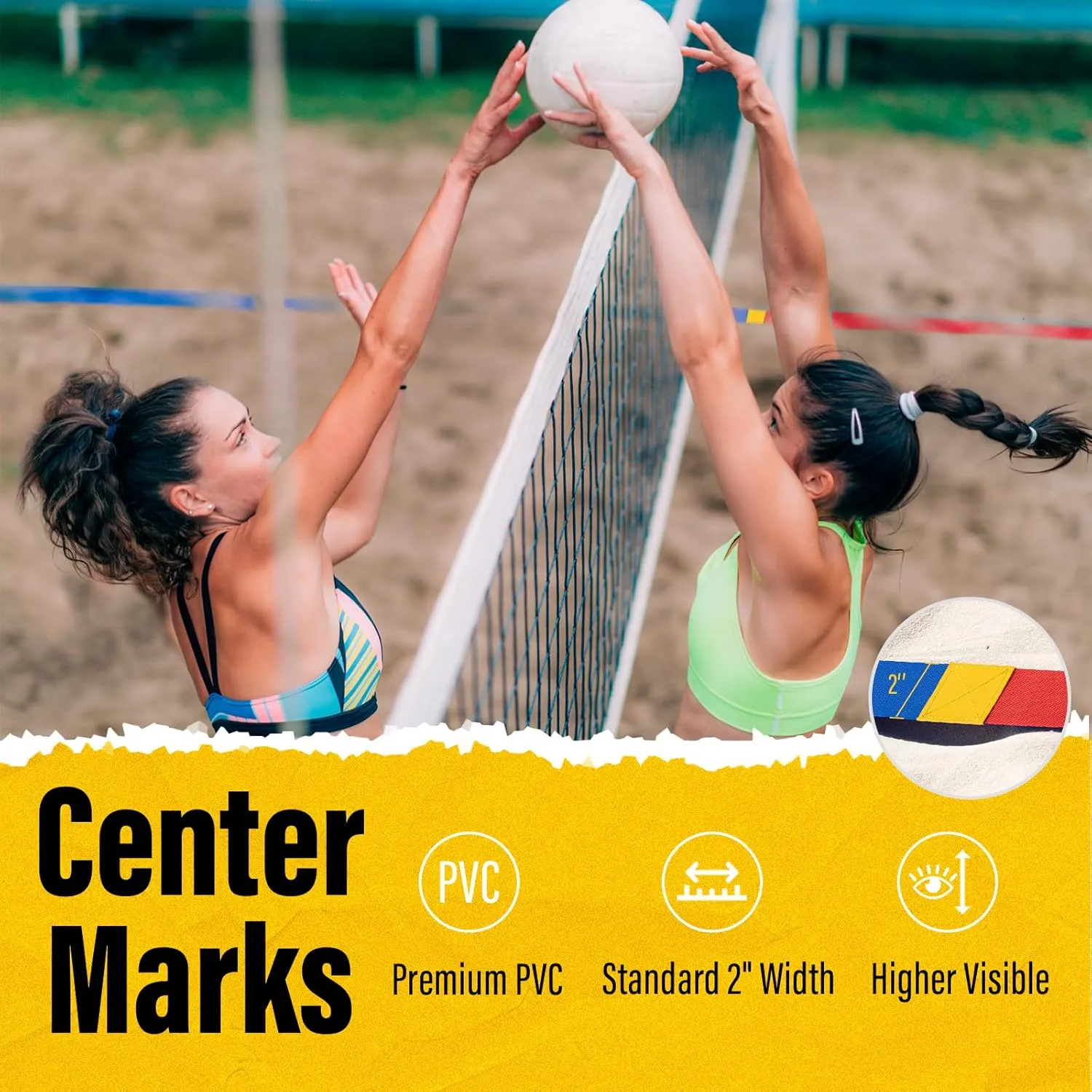 Professional Beach Volleyball Lines for Sand, 2" Nylon | Ultra-Visible Marking | Weather-Enduring, with Metal Anchors & Sandbags, Standard Sizes - 26.3' x 52.6' or 30' x 60'