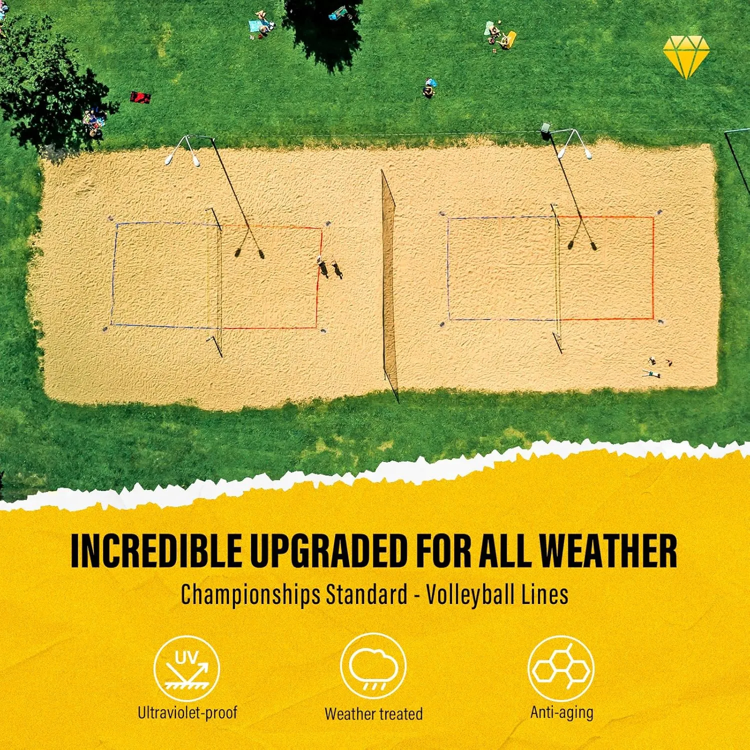 Professional Beach Volleyball Lines for Sand, 2" Nylon | Ultra-Visible Marking | Weather-Enduring, with Metal Anchors & Sandbags, Standard Sizes - 26.3' x 52.6' or 30' x 60'