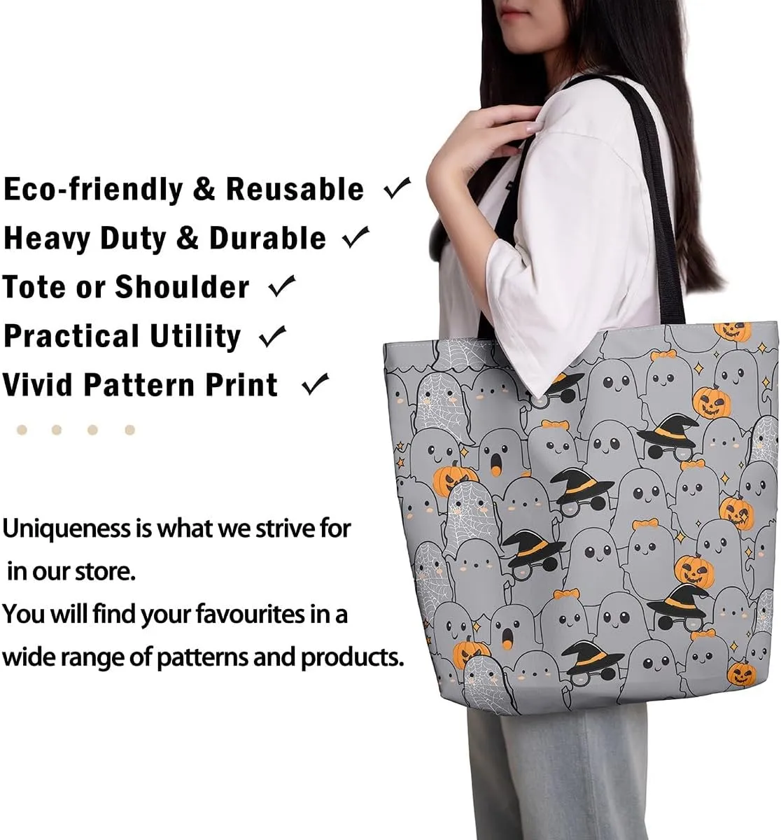 Pumpkin Lantern Canvas Tote Bag Gothic Shoulder Bag for Women,Cartoon Halloween Lights Reusable Cloth Cotton Bags