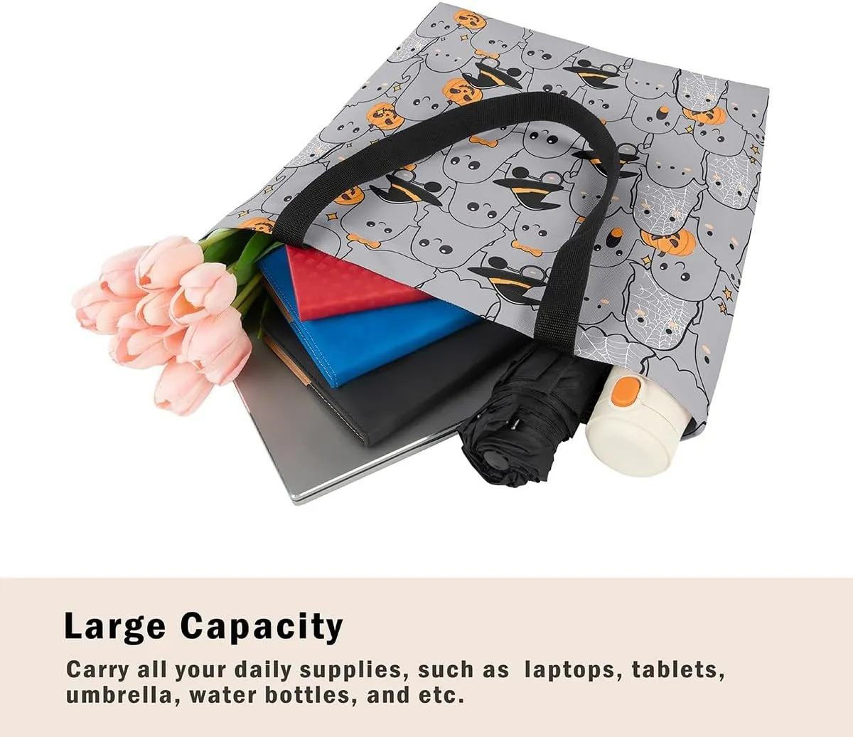 Pumpkin Lantern Canvas Tote Bag Gothic Shoulder Bag for Women,Cartoon Halloween Lights Reusable Cloth Cotton Bags