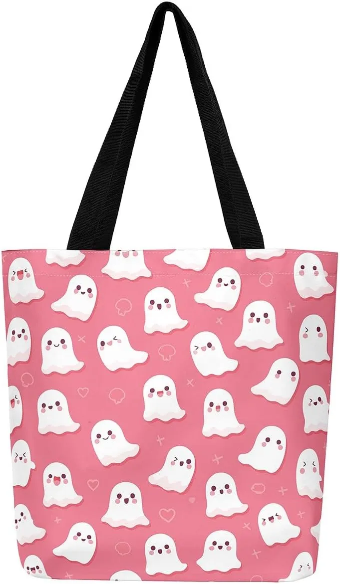 Pumpkin Lantern Canvas Tote Bag Gothic Shoulder Bag for Women,Cartoon Halloween Lights Reusable Cloth Cotton Bags