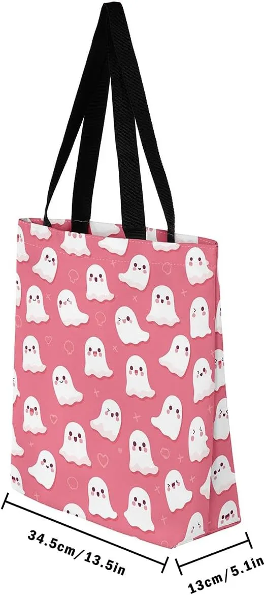 Pumpkin Lantern Canvas Tote Bag Gothic Shoulder Bag for Women,Cartoon Halloween Lights Reusable Cloth Cotton Bags