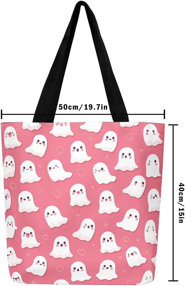 Pumpkin Lantern Canvas Tote Bag Gothic Shoulder Bag for Women,Cartoon Halloween Lights Reusable Cloth Cotton Bags