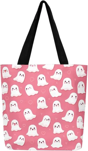 Pumpkin Lantern Canvas Tote Bag Gothic Shoulder Bag for Women,Cartoon Halloween Lights Reusable Cloth Cotton Bags