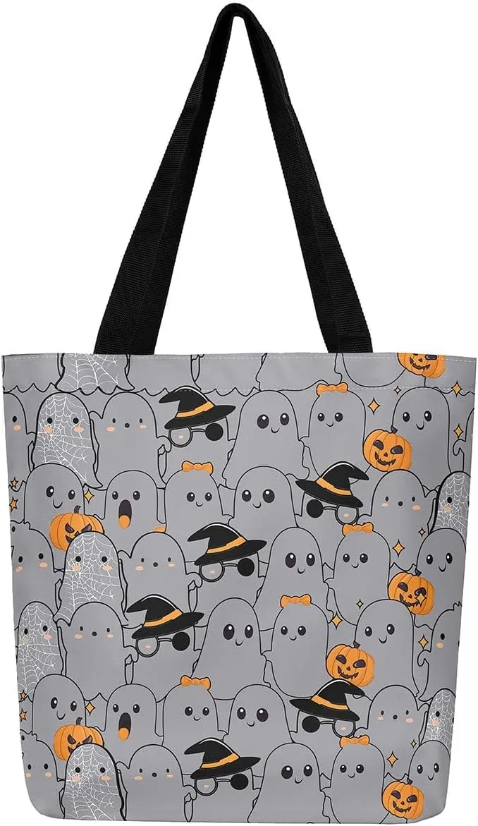 Pumpkin Lantern Canvas Tote Bag Gothic Shoulder Bag for Women,Cartoon Halloween Lights Reusable Cloth Cotton Bags