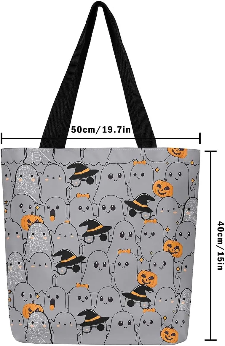 Pumpkin Lantern Canvas Tote Bag Gothic Shoulder Bag for Women,Cartoon Halloween Lights Reusable Cloth Cotton Bags