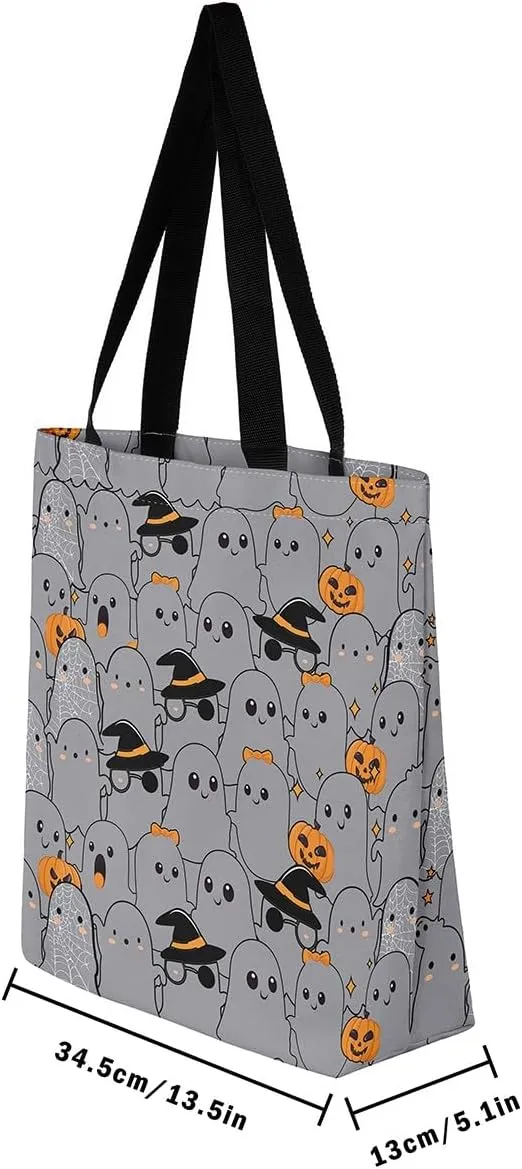 Pumpkin Lantern Canvas Tote Bag Gothic Shoulder Bag for Women,Cartoon Halloween Lights Reusable Cloth Cotton Bags