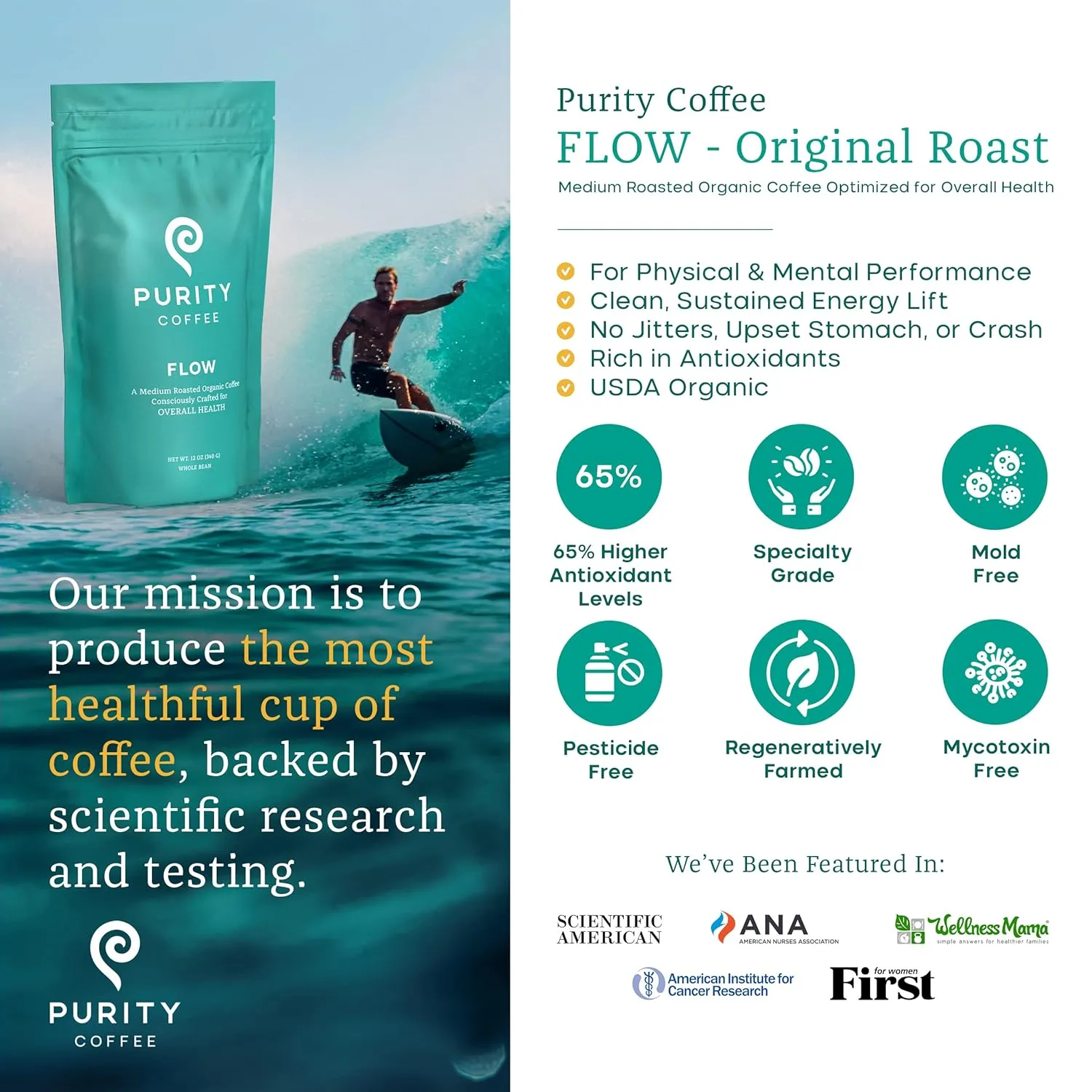 Purity Coffee FLOW Medium Roast Organic Coffee - USDA Certified Organic Specialty Grade Arabica Whole Bean Coffee - Third Party Tested for Mold, Mycotoxins and Pesticides - 12 oz Bag