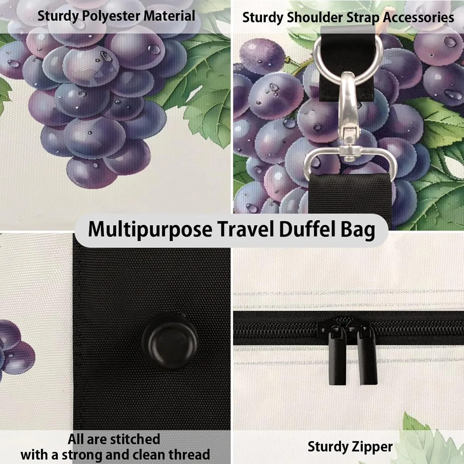 Purple Grape Travel Duffle Bag, Sports Gym Bags for Women Men, Carry On Weekender Overnight Workout Airplane Trips Bag