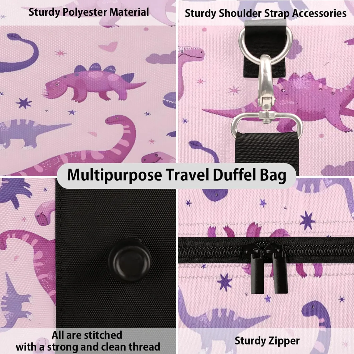 Purple Pinks Dinosaur Travel Duffle Bag, Sports Gym Bags for Women Men, Carry On Weekender Overnight Workout Airplane Trips Bag