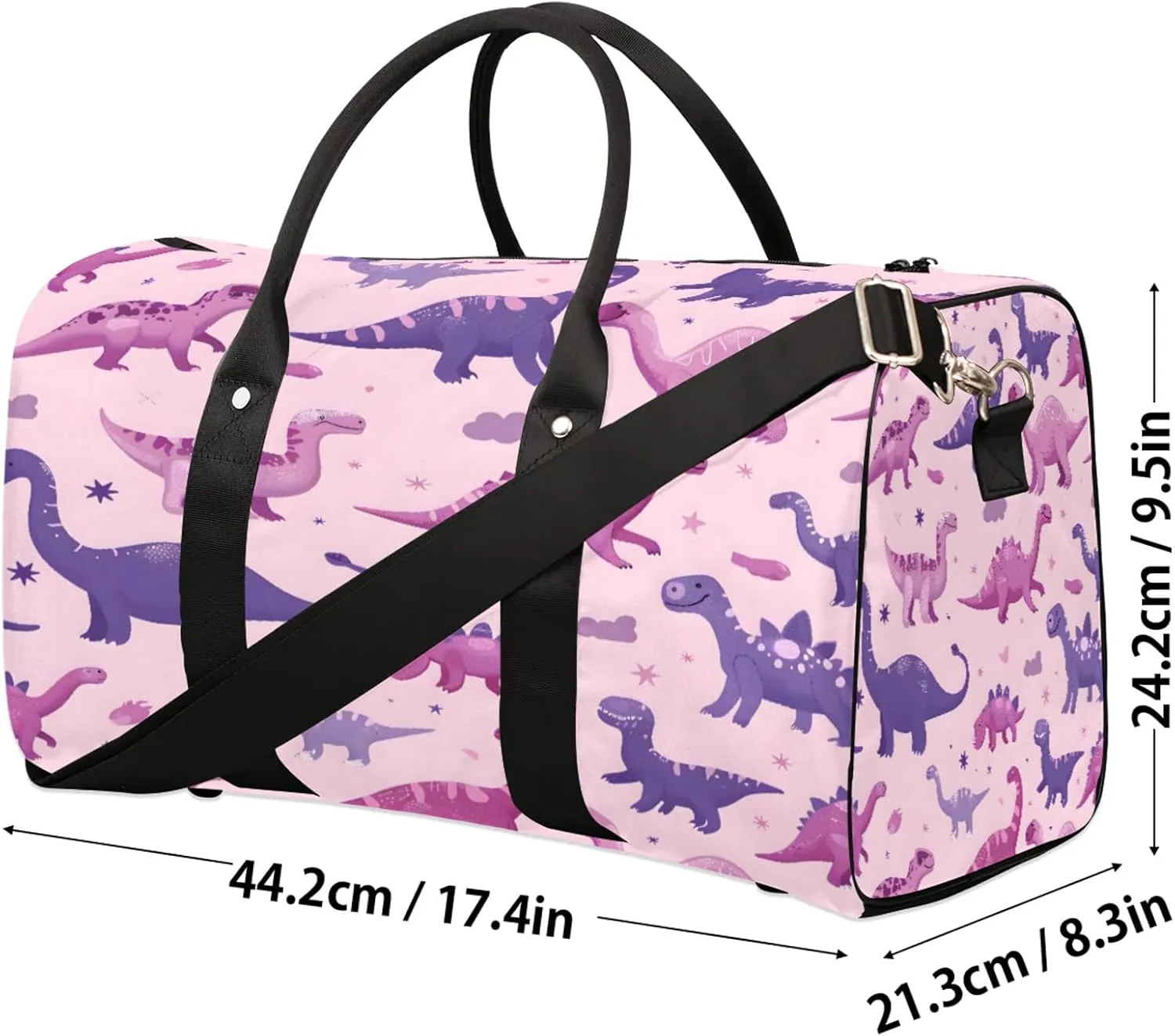 Purple Pinks Dinosaur Travel Duffle Bag, Sports Gym Bags for Women Men, Carry On Weekender Overnight Workout Airplane Trips Bag