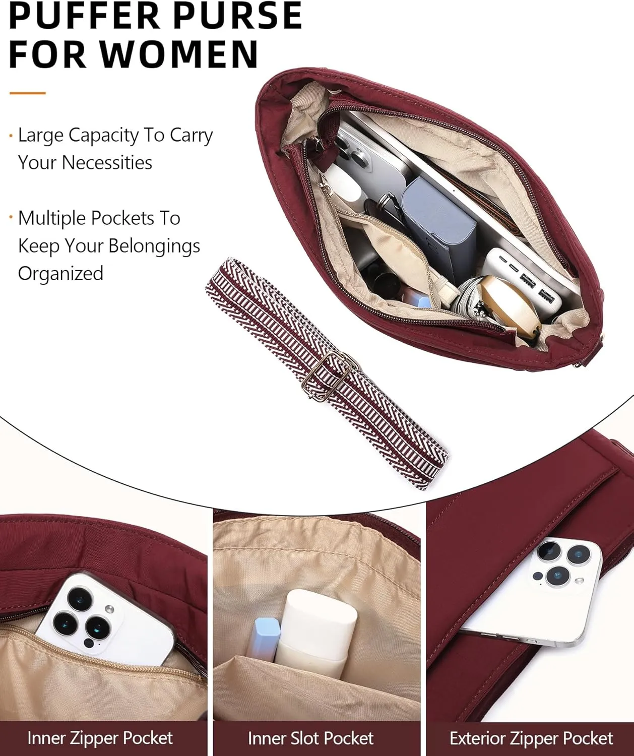 Purses for Women 2PCS Puffer Quilted Crossbody Shoulder Hobo Bags Trendy Ladies Handbag with Coin Wallet 2 Adjustable Straps