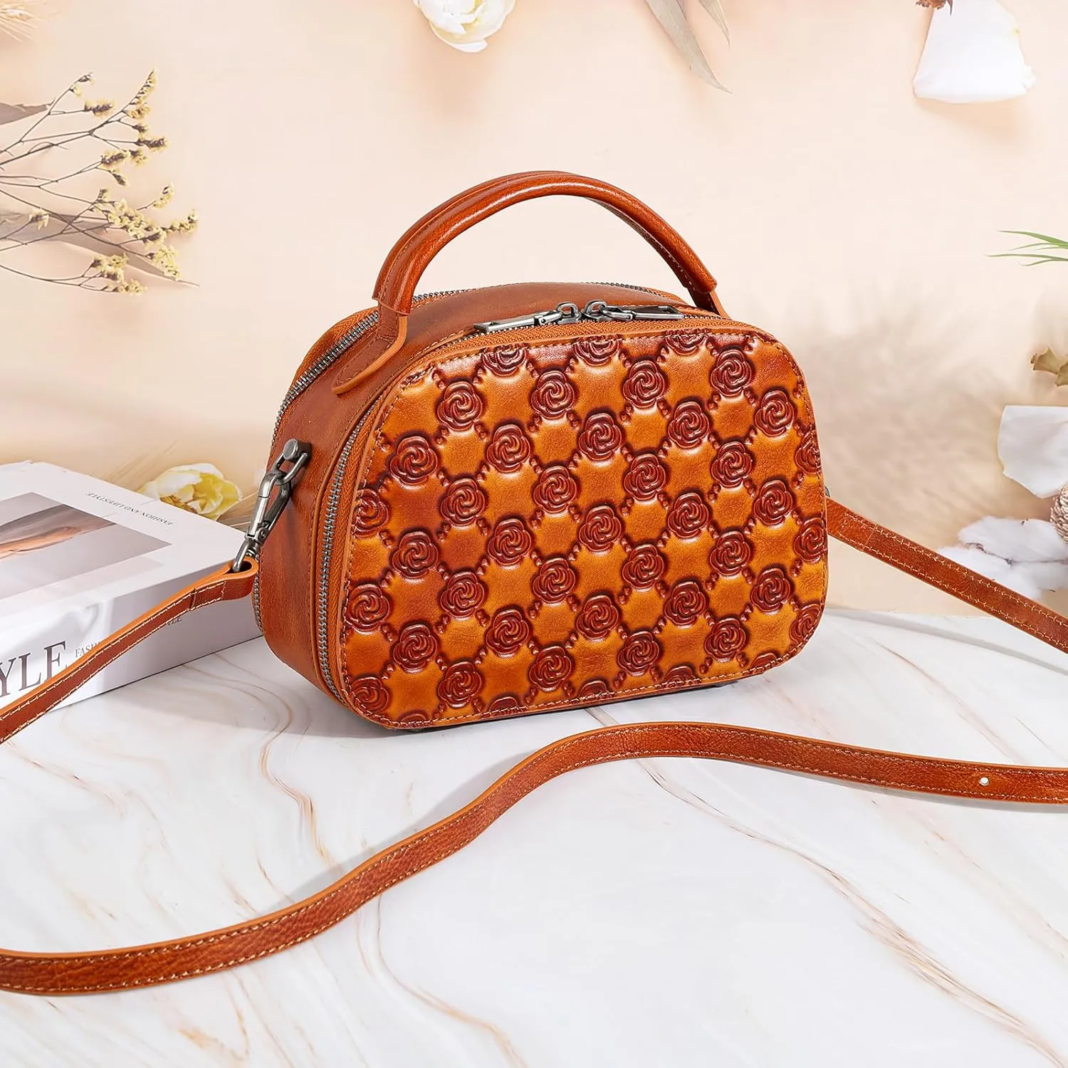 Purses for Women Genuine Leather Satchel Handbags Hand Painted Retro Top Handle Bags